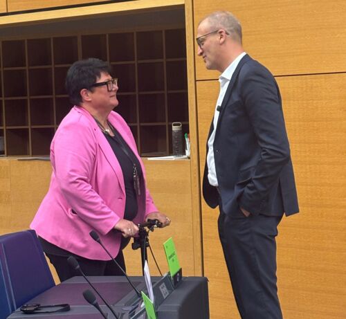 Sabine Verheyen spricht lächelnd im Plenarsaal mit dem ungarischen Politiker Zoltán Tarr