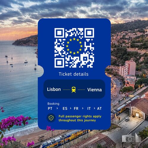 Infografik der Europäischen Kommission in Form eines blauen Zugtickets mit einem QR-Code samt EU-Sternen: abgebildet ist eine beispielhafte Bahnreise von Lissabon nach Wien mit dem Hinweis „Full passenger rights apply throughout this journey"